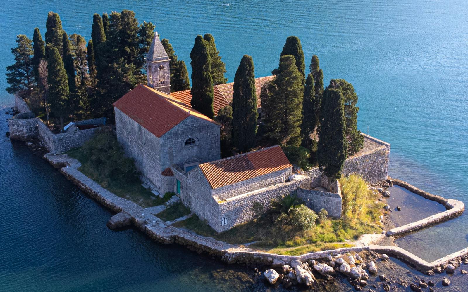 Perast waterfront with the two islands in the bay beyond